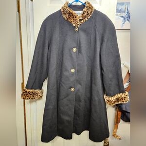 Leslie fay vintage black leopard print wool overcoat jacket womens size 10